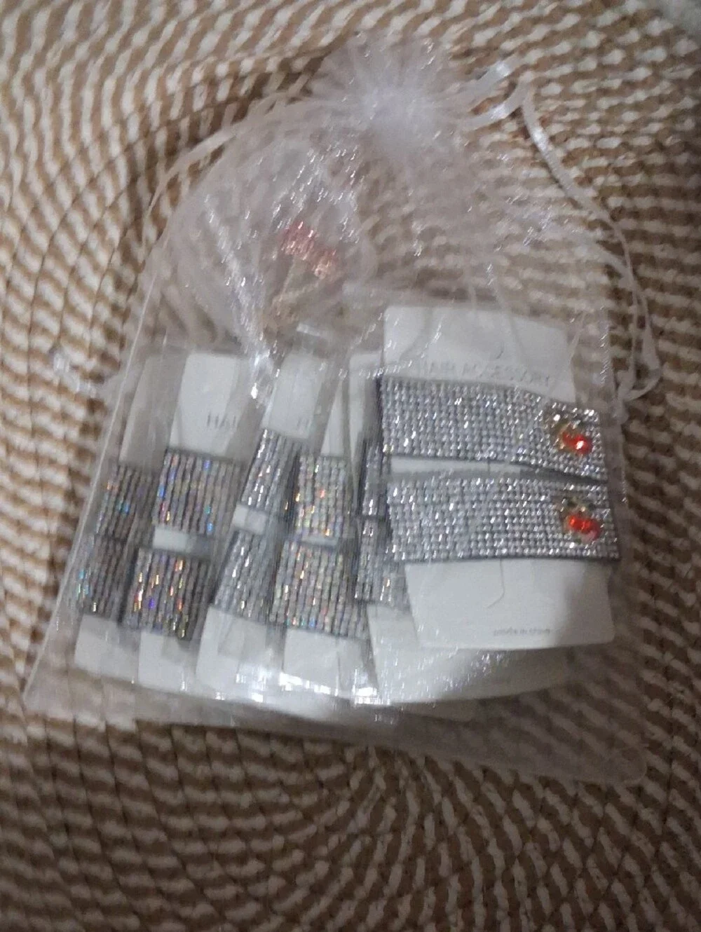 6 Packs Of Mint Silver Rhinestone Kids Hair Clips with Red & Green Cherry Accent